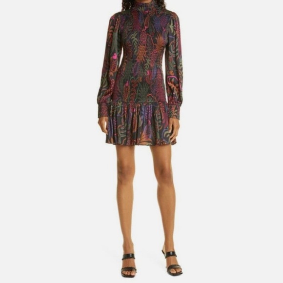 Farm Rio multicolour smocked drop waist long sleeve mini dress - Small NWOT - Picture 4 of 10